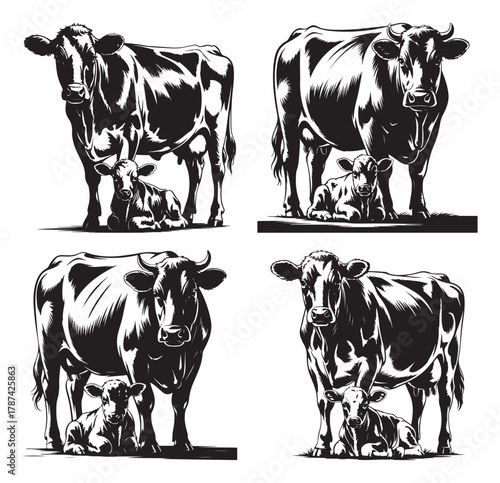 Four illustrations of cows with calves in black and white.