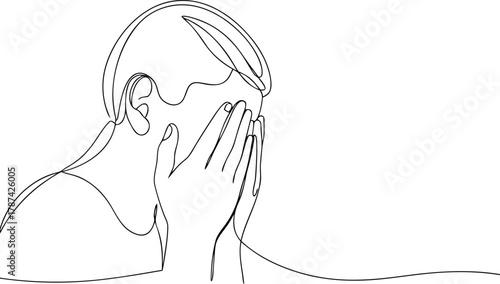 Single line drawing of person covering face with hands
