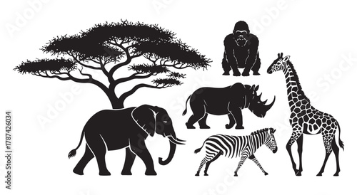 A collection of African safari animal silhouettes with an acacia tree, isolated on a white background.