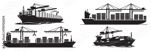 Four black and white illustrations of cargo ships with containers and cranes, depicting global shipping and maritime transport.