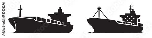 Two black silhouette cargo ships are depicted side-by-side against a white background.