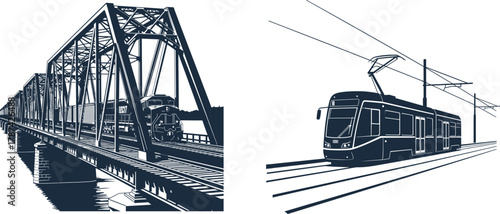 Silhouette of a Train on a Bridge and a Tram on White Background railway transportation