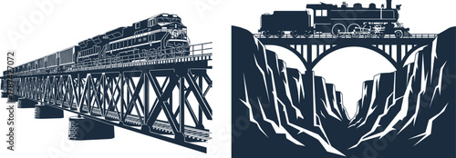 Silhouettes of trains on bridges over canyons on a white background railway