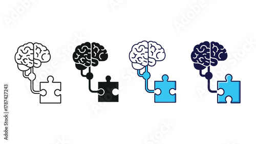 Brain Connected to Jigsaw Puzzle Piece Icon Set. Vector Illustration Representing Problem Solving, Intelligence, Cognitive Connection, and Finding Solutions.