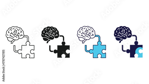Brain Connected to Puzzle Piece Icon Set. Cognitive Process, Intelligence, Problem Solving, Idea Generation, and Mental Health Vector Illustration.