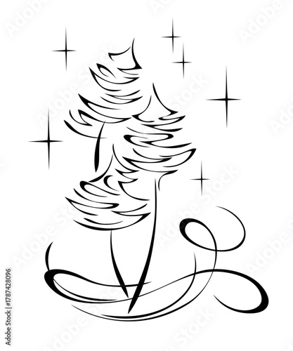 three stylized Christmas trees with a snow swirl on a starry background