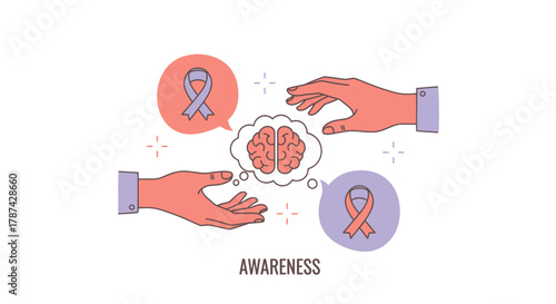Promote brain health and disease awareness with this impactful design featuring ribbons and hands offering support for medical campaigns and community.