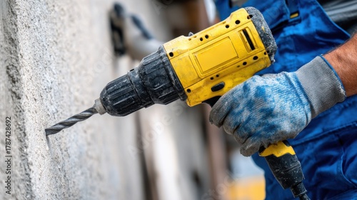 A construction worker is using a large, yellow hammer drill on a concrete wall. The focus is on the tip of the vibrating drill and the worker's hands wearing protective gloves. 