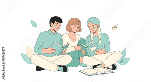 Three friends enjoying a book club meeting together, sharing insights and learning in a cozy, inviting setting with a calm and happy atmosphere