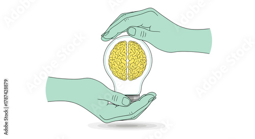 Protect your ideas and nurture innovation with care, hands safeguarding a brain inside a lightbulb, symbolizing intellectual property and creative thought
