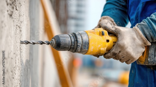 A construction worker is using a large, yellow hammer drill on a concrete wall. The focus is on the tip of the vibrating drill and the worker's hands wearing protective gloves. 