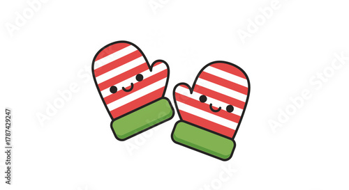 Two cute cartoon mittens with red and white stripes and green cuffs, smiling faces, perfect for winter or Christmas designs.
