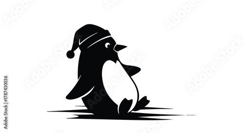 Adorable penguin in a Santa hat, looking sleepy and cute