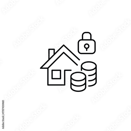 House, coins an lock. Mortgage down payment, costs on real estate. Pixel perfect, editable stroke vector icon