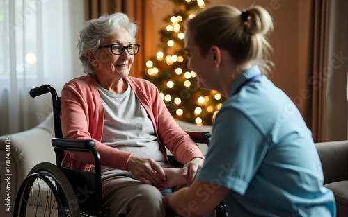 A senior woman in wheelchair with a health visitor at home at Christmas time. High quality