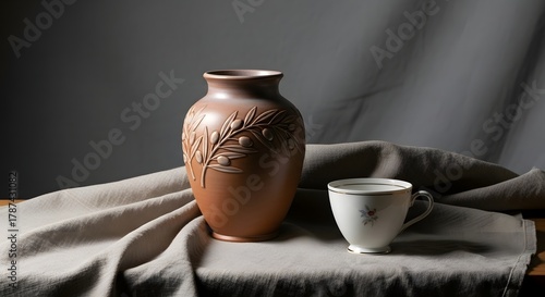 A ceramic vase with embossed leaf patterns and a delicate teacup placed on a soft fabric surface with gentle lighting creating a calm and elegant atmosphere
