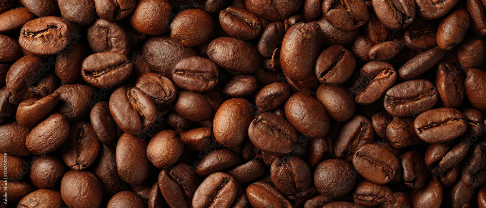 Obraz premium Top-Down View of Lots of Roasting Coffee Beans in Rich Brown Tones with Detailed Texture