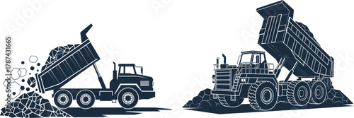 Two Dump Trucks Unloading Rocks and Debris on White Background Keywords: dump truck, construction, mining, heavy equipment, vehicle