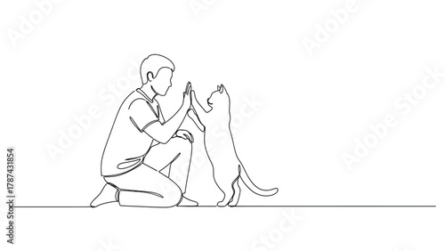 Continuous Line Drawing of a Man Giving High Five to a Cat. Minimalist Vector Illustration of Pet and Owner Interaction.
