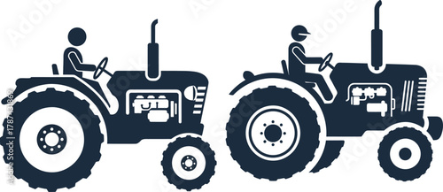 Two tractors with drivers, one with detailed engine parts, on white background farming agriculture