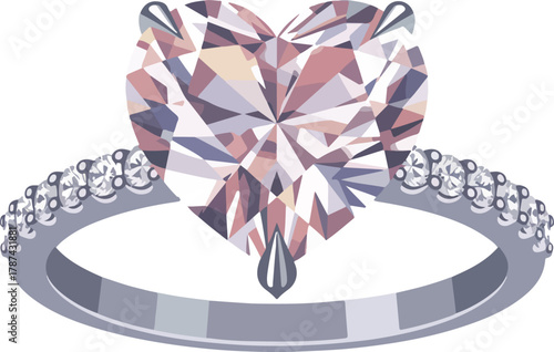 Sparkling heart shaped diamond engagement ring vector with a silver band and pave set gemstones