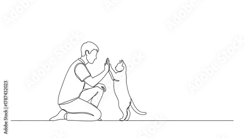 One Continuous Line Drawing of Man Kneeling and High-Fiving a Domestic Cat. Pet Ownership, Friendship, and Human-Animal Connection Concept Vector Illustration.