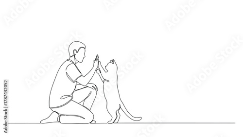 Continuous Line Art of Person Giving High Five to Cat. Minimalist Vector Illustration of Pet and Owner Interaction.