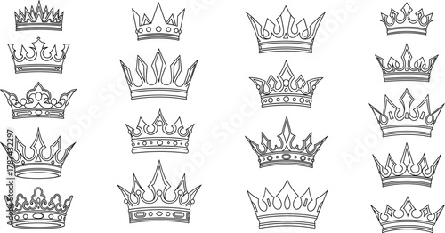 Royal crown collection, luxury golden diadems, ornate regal headpieces, majestic jewelry icons, fantasy royalty symbols, decorative vintage coronets, heraldic emblems