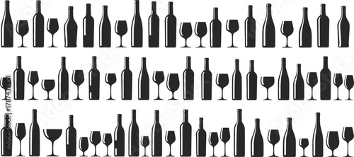 Wine bottles silhouette, wine glasses pattern, black decorative design, dining theme illustration, hospitality concept art, beverage icon background, stylish vector