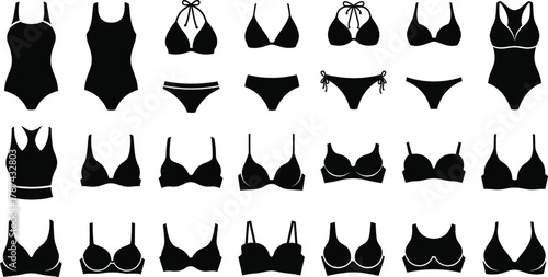 Women swimwear silhouettes, lingerie bra icons, bikini fashion set, underwear illustration, clothing design elements, stylish vector collection, apparel template