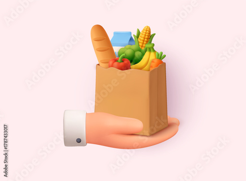 Hand holding a paper bag with groceries — fruits, vegetables, bread and milk. Healthy food delivery concept. 3D Vector Web Illustration.
