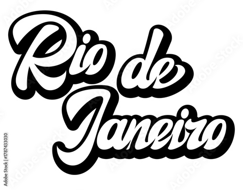 Modern bold Rio de Janeiro hand lettering illustration with black and white calligraphic text design for travel concept.
