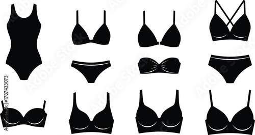 Women swimwear silhouette, bikini top, lingerie bra, fashion illustration, underwear design, vector icon, clothing template, apparel style, black outline, minimal art