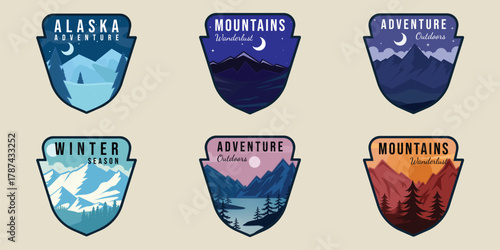 set of outdoor wildlife emblem logo vector illustration template icon graphic design. bundle collection of various adventure mountain forest winter sign or symbol for business travel