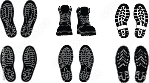 Footwear sole prints, shoe tread patterns, boot illustration, forensic footprint analysis, shoe sole texture, footwear design, black white shoe prints, forensic science
