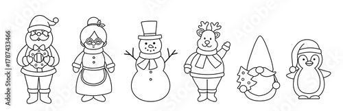 Hand drawn winter Christmas characters outline, children's coloring pages and templates. 
Collection of Santa Claus, Mrs. Claus,snowman,reindeer, gnome,penguin.