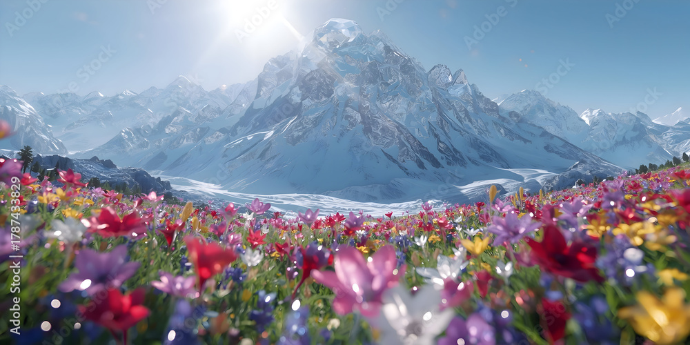 Fototapeta premium Sparkling field of multi colored crystal flowers before majestic mountain iceberg. stunning and vibrant visuals convey calming yet beautiful and magical energy
