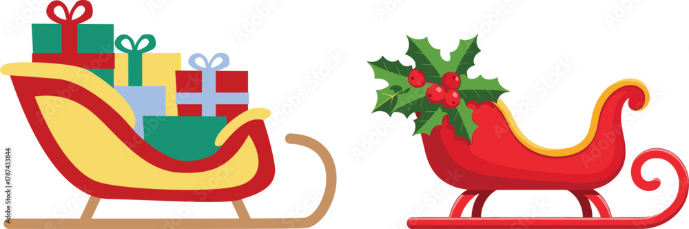 Obraz premium Santa Claus riding sleigh with reindeer, flying Christmas silhouette illustration, festive holiday scene, winter Christmas vector art, traditional Santa sleigh