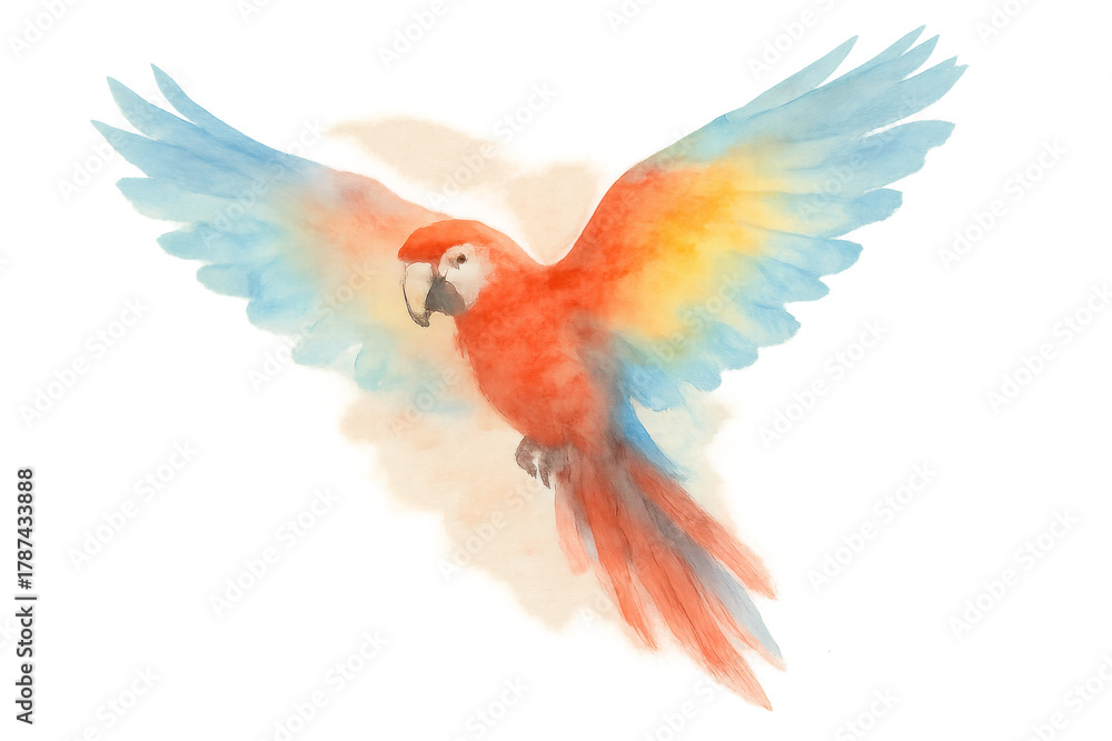 Obraz premium Flying parrot watercolor painting spreading wings illustrating freedom and tropical vibrant beauty on transparent background
