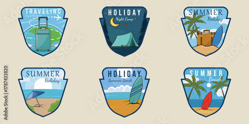 set of travel or holiday emblem logo modern vector illustration template icon graphic design. bundle collection of various nature concept sign or symbol for business travel adventure