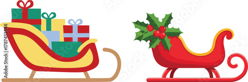 Santa Claus riding sleigh with reindeer, flying Christmas silhouette illustration, festive holiday scene, winter Christmas vector art, traditional Santa sleigh