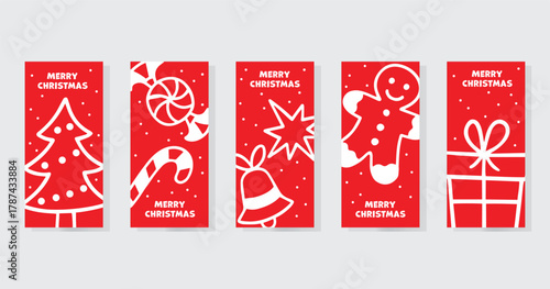 A festive set of minimalist red and white Christmas banners featuring simple holiday icons  Christmas tree,  bell, gingerbread man, and gift box.  for social media stories, flyers, greeting cards