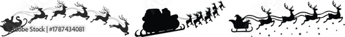 Santa Claus riding sleigh with reindeer, flying Christmas silhouette illustration, festive holiday scene, winter Christmas vector art, traditional Santa sleigh
