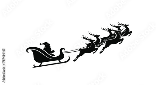 Santa Claus flying with reindeer in a sleigh across the night sky