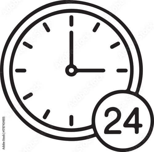Simple line art icon of a clock showing twenty four hours