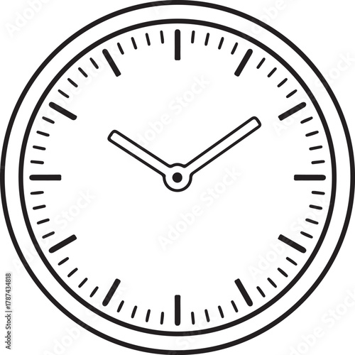 Simple black and white analog clock face with hour and minute hands
