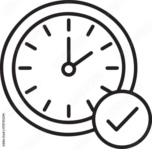 Simple line art clock icon with check mark for time management