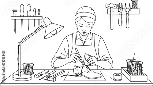 Shoemaker Crafting Handmade Shoe in Workshop Line Art Illustration