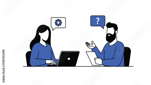 Business Collaboration and Problem Solving Vector Illustration. Two colleagues discussing technical issues and solutions, depicting Q&A and support concepts.