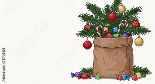 Christmas tree decorations and candies in a brown gift bag  